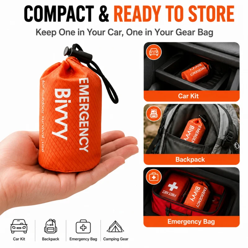 Bivy Bag Emergency - 緊急用寝袋、PEアルミフィルムビビーサック、プレミアムポーチ、ホイッスル、キャリーフック付き、キャンプ、ハイキング、車用